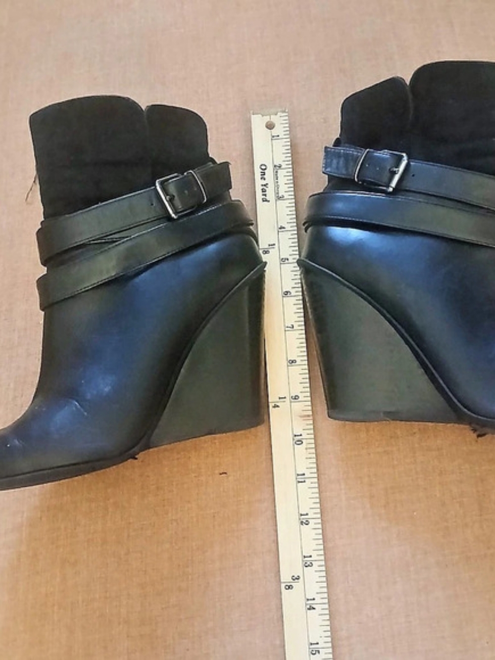 Kenneth Cole Collection Tres a Charm Black Buckle Wedge Ankle Boots